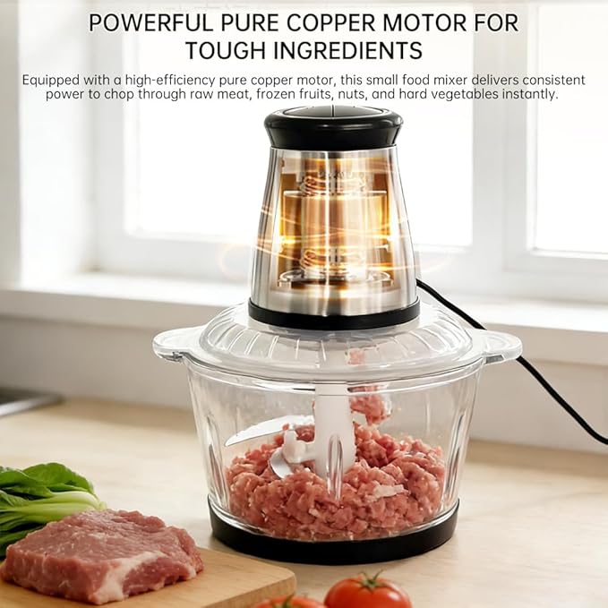 Electric Food Processor and Vegetable Chopper, 2L Glass Bowl Small Food Mixer for Meat, Vegetables, Nuts, with 2-Speed & Pulse Control for Easy Clean, Compact Kitchen Gadget