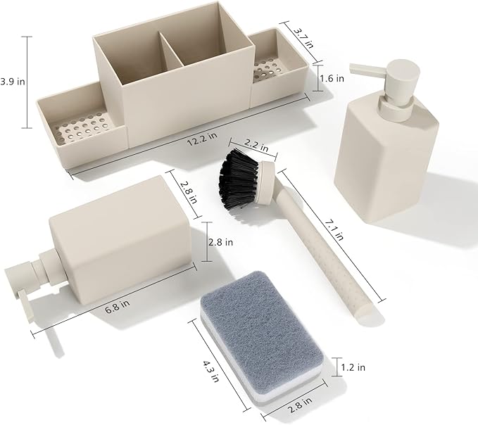 Kitchen Soap Dispenser with Sponge Holder Set for Sink Caddy, Hand Soap and Dish Soap Dispenser with Brush Matte Beige