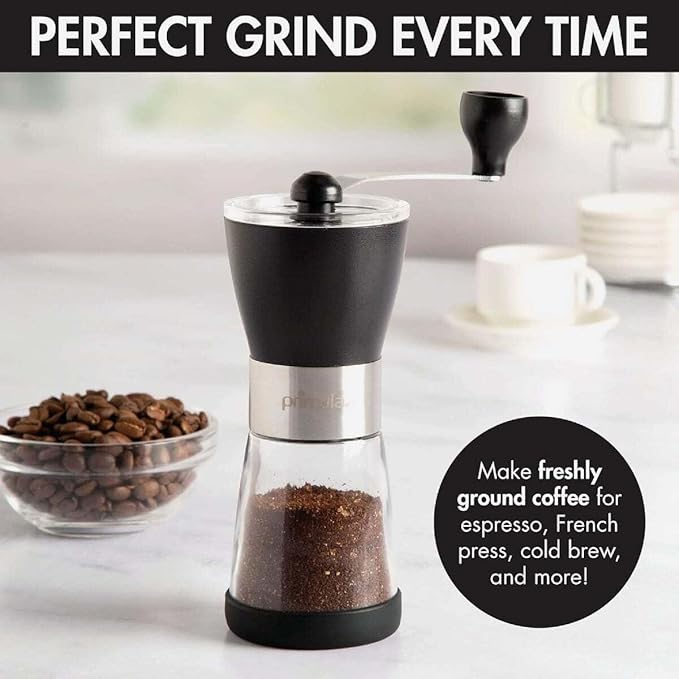 Primula Manual Adjustable Burr Coffee Grinder - Ceramic Mill & Brushed Stainless Steel Body - Whole Bean for French Press, Cold Brew, Espresso, Camping, And More