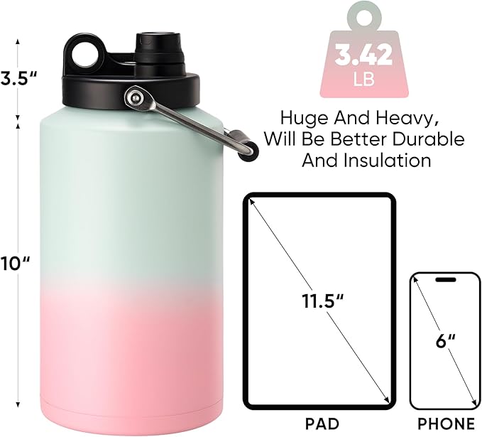 Kerilyn Insulated Gallon Jug with Handle, One Gallon, 128oz Stainless Steel, Large Double Vacuum Water Bottle for Hot & Cold Drinks, Wide Mouth, Sweat Proof, Great for Travel, Camping, Tricolor