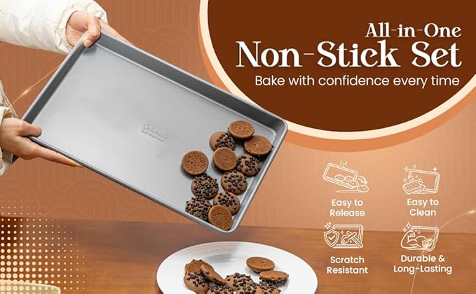 Nonstick Bakeware Set 8 Piece - Stackable Baking Pan Set, Oven safe 450°F, Carbon Steel Baking Set with Muffin, Loaf, Cookie Sheets & Roaster, Easy Storage, BPA-Free (Gray)