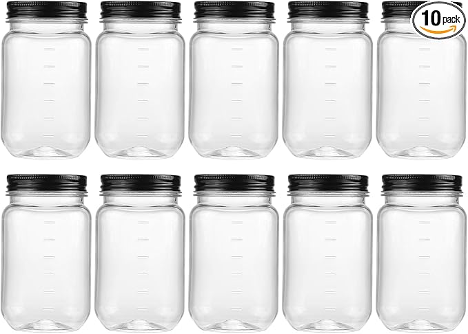 novelinks 16 oz Clear Plastic Jars with Lids, Refillable 16oz Mason Jars with Lids & Storage Containers for Kitchen & Household Use (10 Pack,Black)