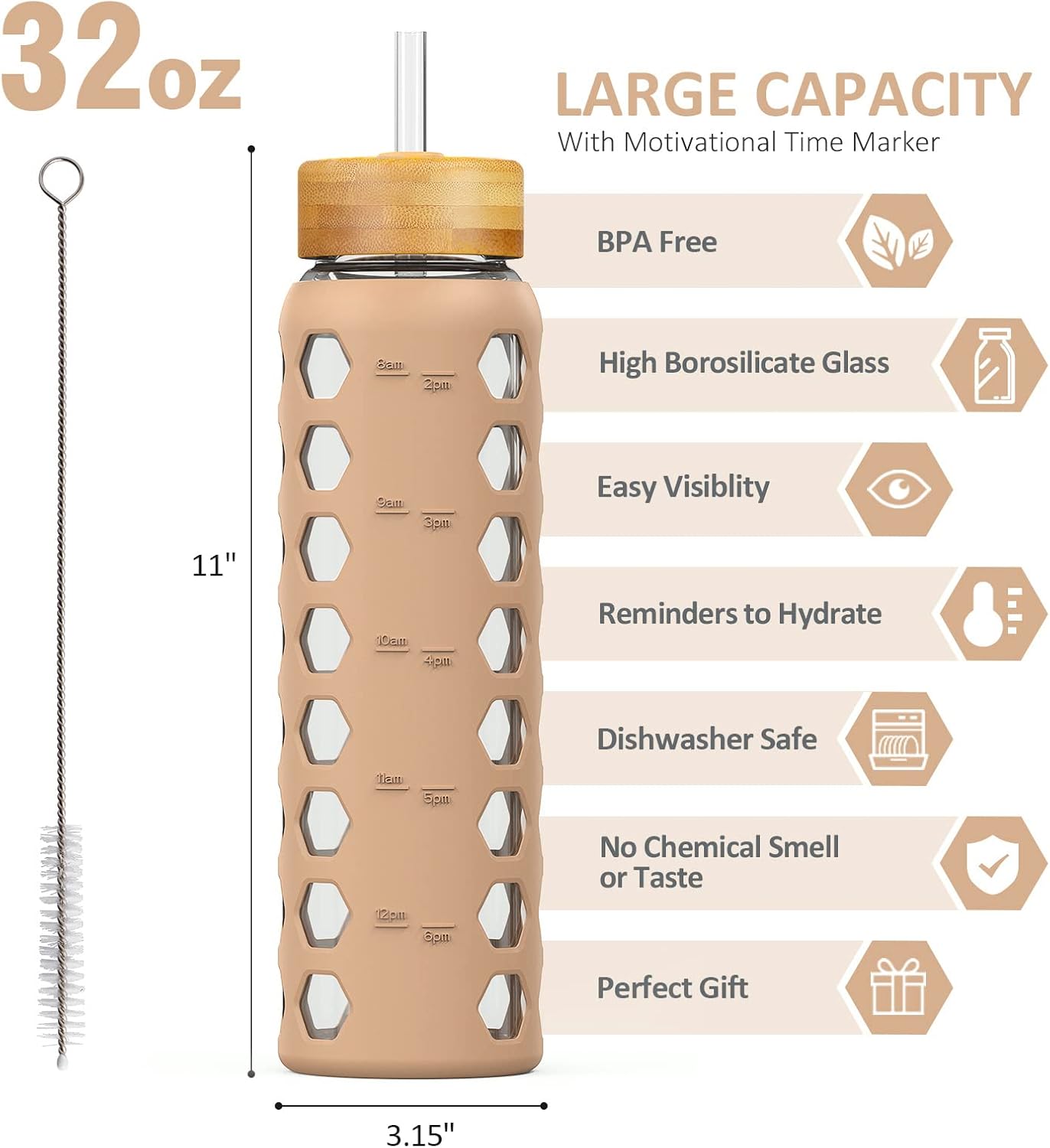 MUKOKO 32oz Glass Water Bottles with 2 Lids-Handle Spout Lid&Bamboo Straw Lid, Motivational Water Tumbler with Time Marker Reminder and Silicone Sleeve, Leakproof-Amber-1 Pack