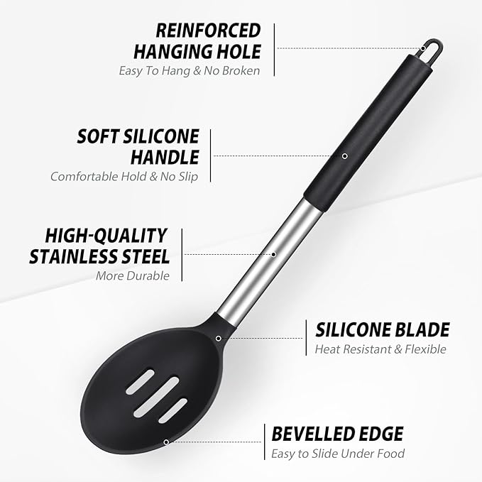Pack of 2 Large Silicone Cooking Spoons, Non-Stick Stainless Steel Slotted and Solid Spoon Set for Serving, Mixing, Draining, Heat Resistant, Scratch Resistant and BPA Free Kitchen Scoops (Black)