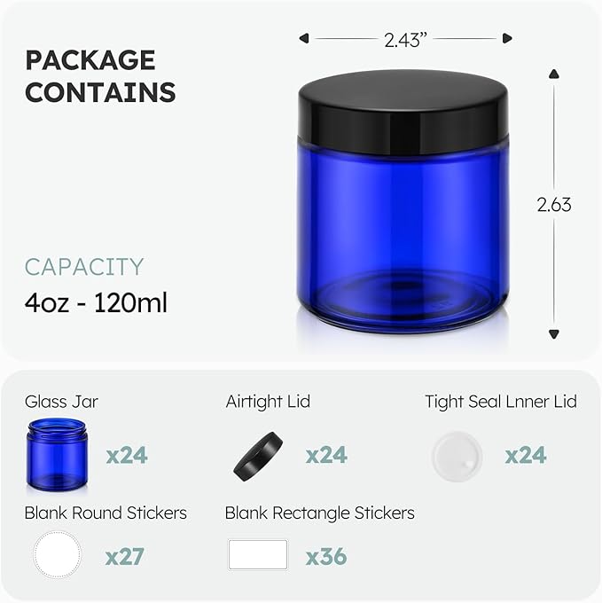 4 oz Glass Jars with Lids, 24 Pack Blue Small Glass Jars with Black Lids Leakproof Round Airtight Empty Cosmetic Travel Containers with Inner Liners For Lotions Powders and Candle Making