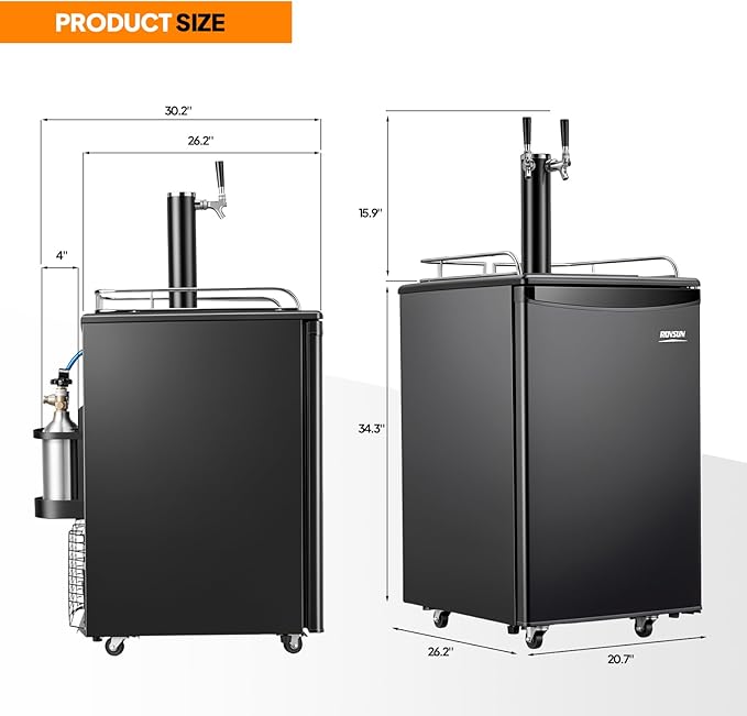 ROVSUN BF-152 Full Size 5.4 Cu.Ft, Beer Kegerator with CO2 Tank Included, Draft Beer Dispenser for Home Bar, 152L Beverage Refrigerator Direct Cool, Metal Cabinet, Dual Tap, Black