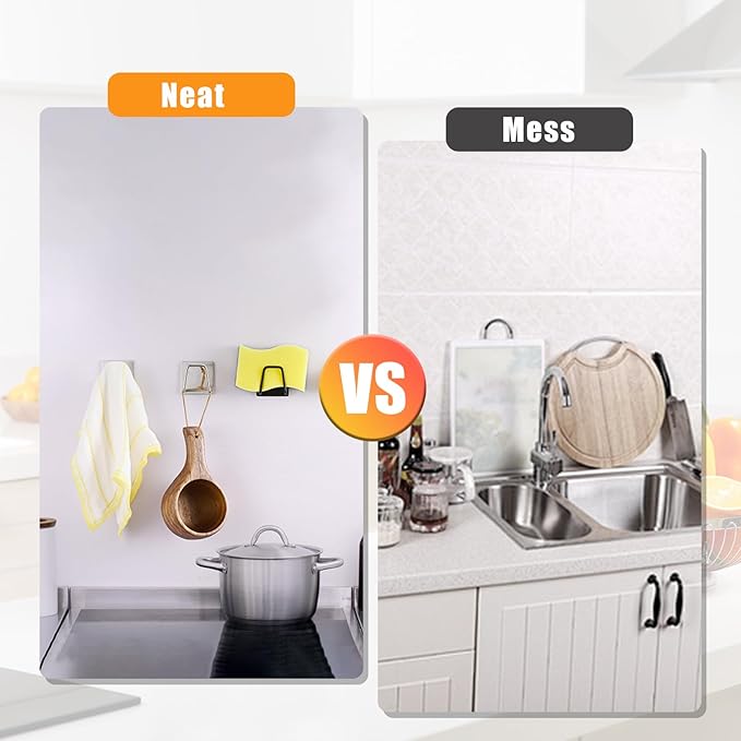 Adhesive Sponge Holder for Kitchen Sink, SUS304 Stainless Steel Scrubber Hanger Sink Caddy Accessories Storage Drain Rack Stand for Scratch Scrub Dishcloth Dishrag Steel Wool Strainer Stopper