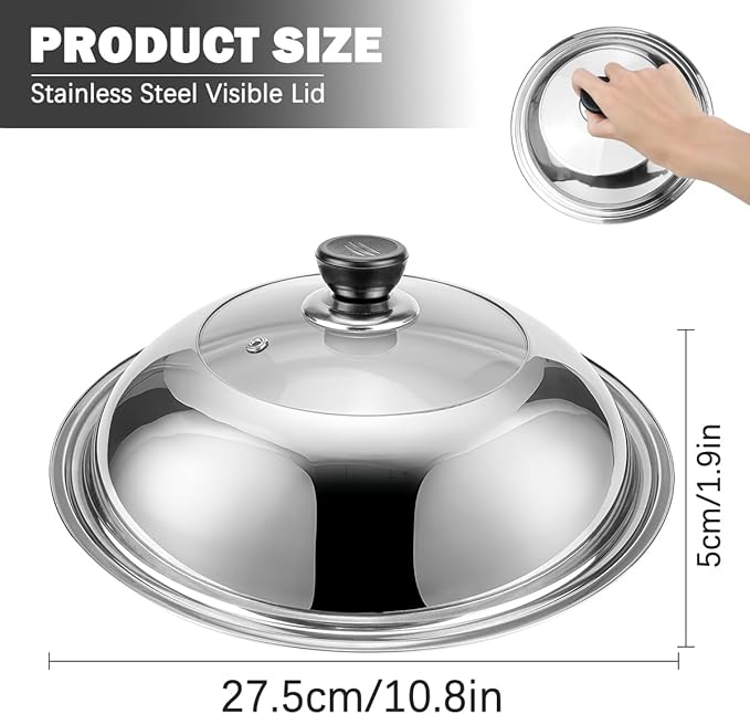 Glass Lid with Handle Tempered 11 Inch Cooking Replacement Cover Wok Accessories for Skillets, Round Cast Iron, Cast Aluminium, Stainless Steel Pans（28cm）