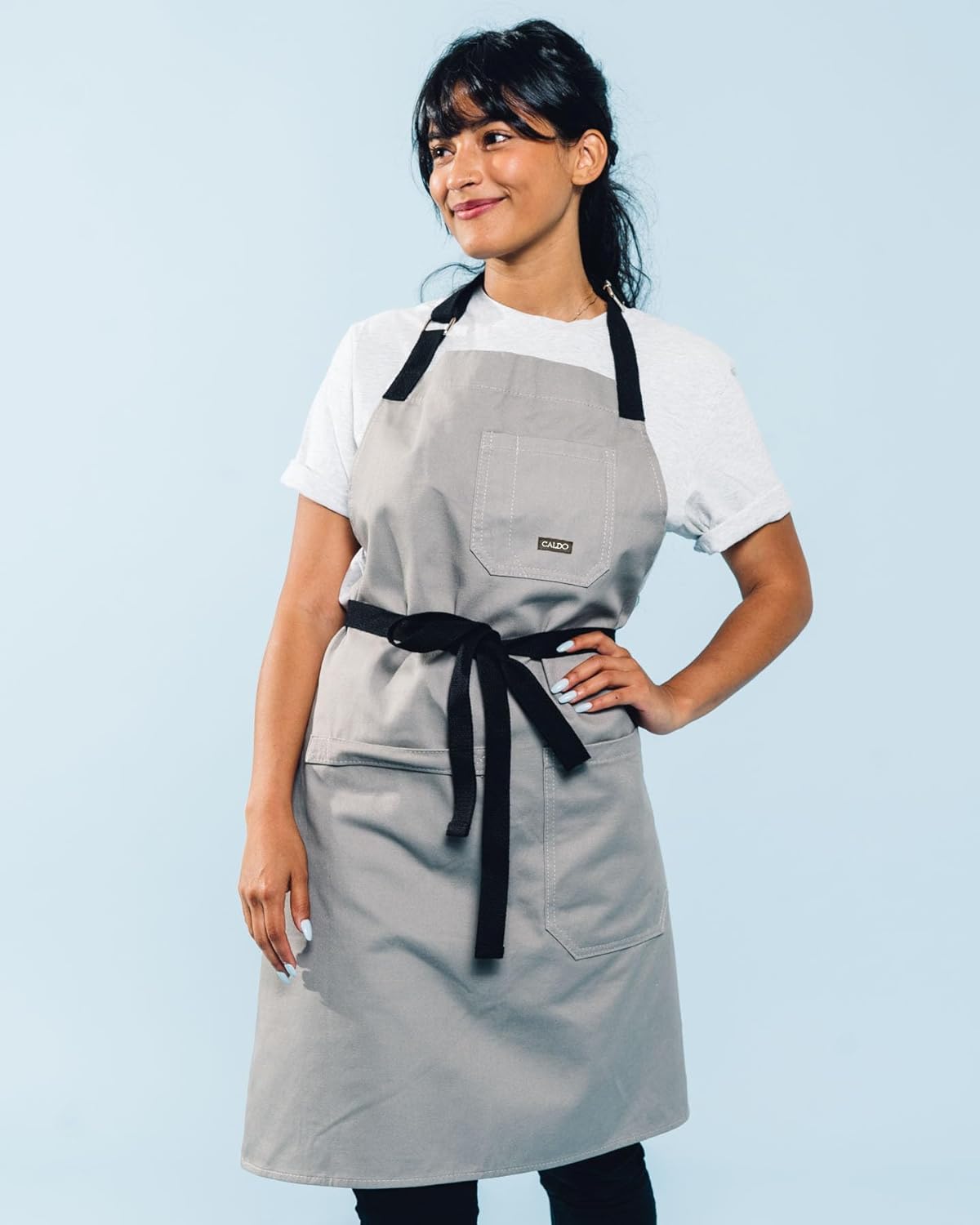 Caldo Daily Cotton Kitchen Apron for Cooking- Mens and Womens Professional Chef or Server Bib Apron - Adjustable Straps with Pockets and Towel Loop (Grey)
