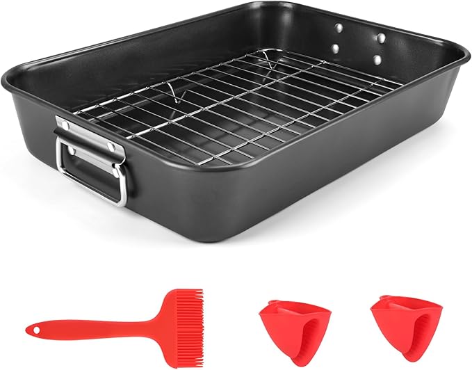 Roasting Pan with Rack, 15.75x11.02’’ Baking Pan for Oven with Rack & Silicon Hand Clip & Oilbrush, Heavy Duty Dishwasher Safe Rectangular Lasagna Pan with Handle for Turkey, Dark Grey
