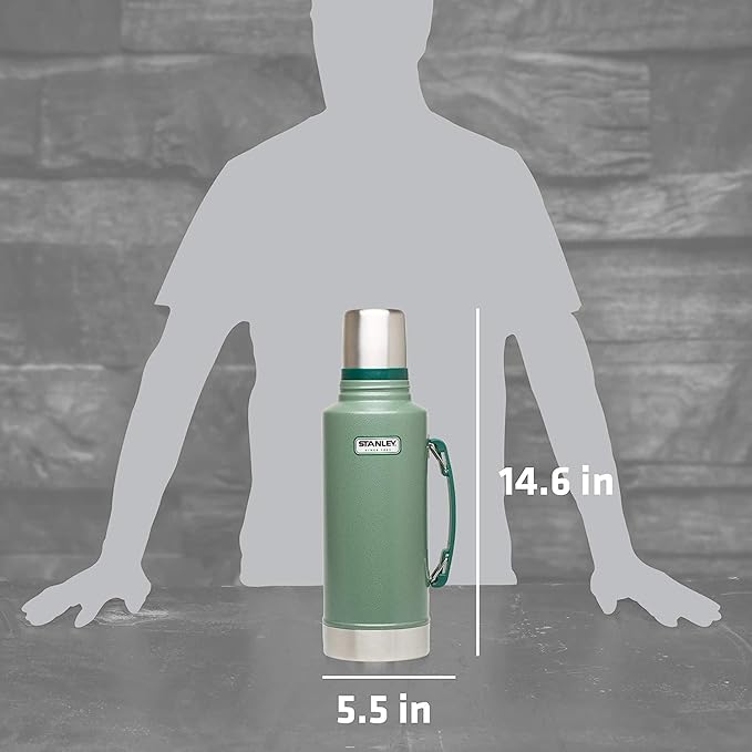 Stanley Heritage Classic Vacuum Bottle with Handle 2.0 qt | Wide Mouth with Leakproof Cup Lid | Keep Drinks Hot or Cold for Travel | Insulated Stainless Steel Thermal Bottle | Hammertone Green
