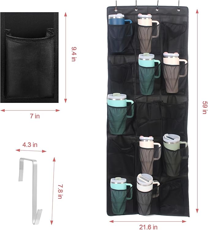 Cup Storage Organizer Compatible Stanley - 15 Large Bottle Pockets, Hanging Wall Mount for Various Sizes, Tumbler Storage Accessories