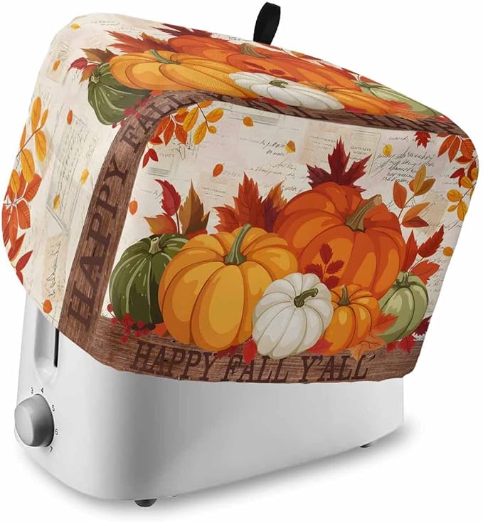 Orange Pumpkins Fall Toaster Cover 2 Slice, Thanksgiving Maple Leaf Dustproof Bakeware Oven Protector with Top Hook, Autumn Retro Waterproof Small Kitchen Appliance Toasters Dust Cover, 11"x6"x8"