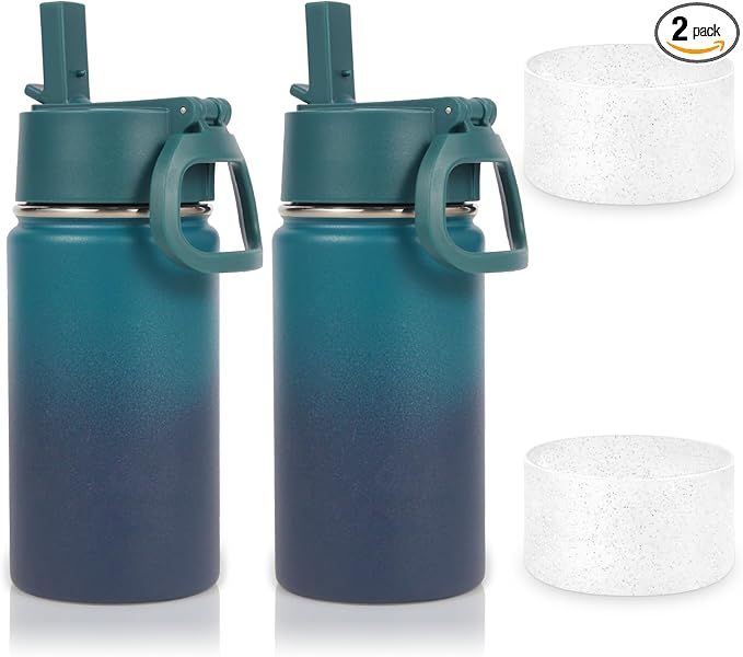 Volhoply 14oz KIds Water Bottle with Straw Lid and Silicone Boot Bulk 2 Pack,Stainless Steel Insulated Bottles for Boys & Girls Multipack,Double Wall Vacuum Leakproof Bottles(Dark Night,2)