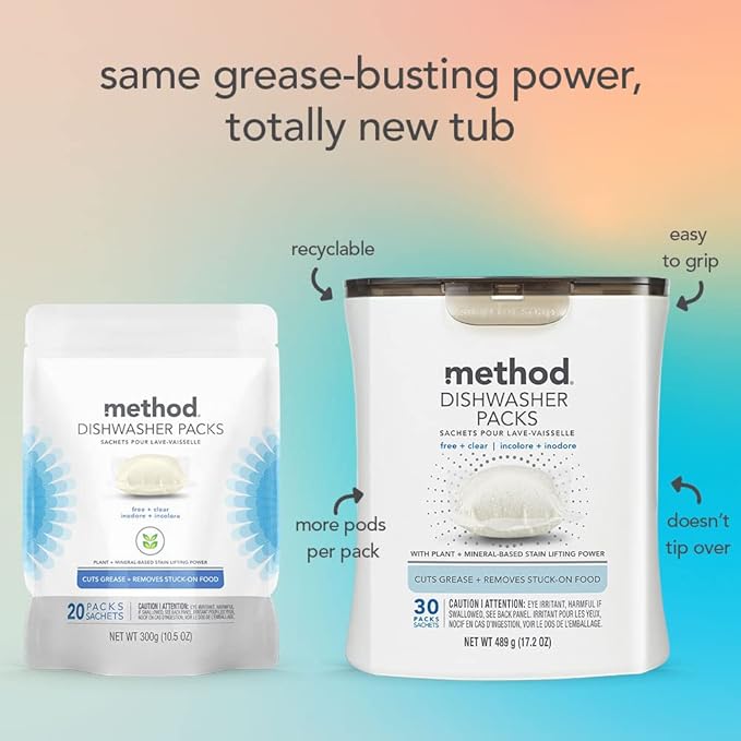 Method Dishwasher Detergent Packs, Fragrance Free + Clear, Dishwashing Rinse Aid to Lift Tough Grease and Stains, 30 Dishwasher Tabs per Package, (Pack of 4)