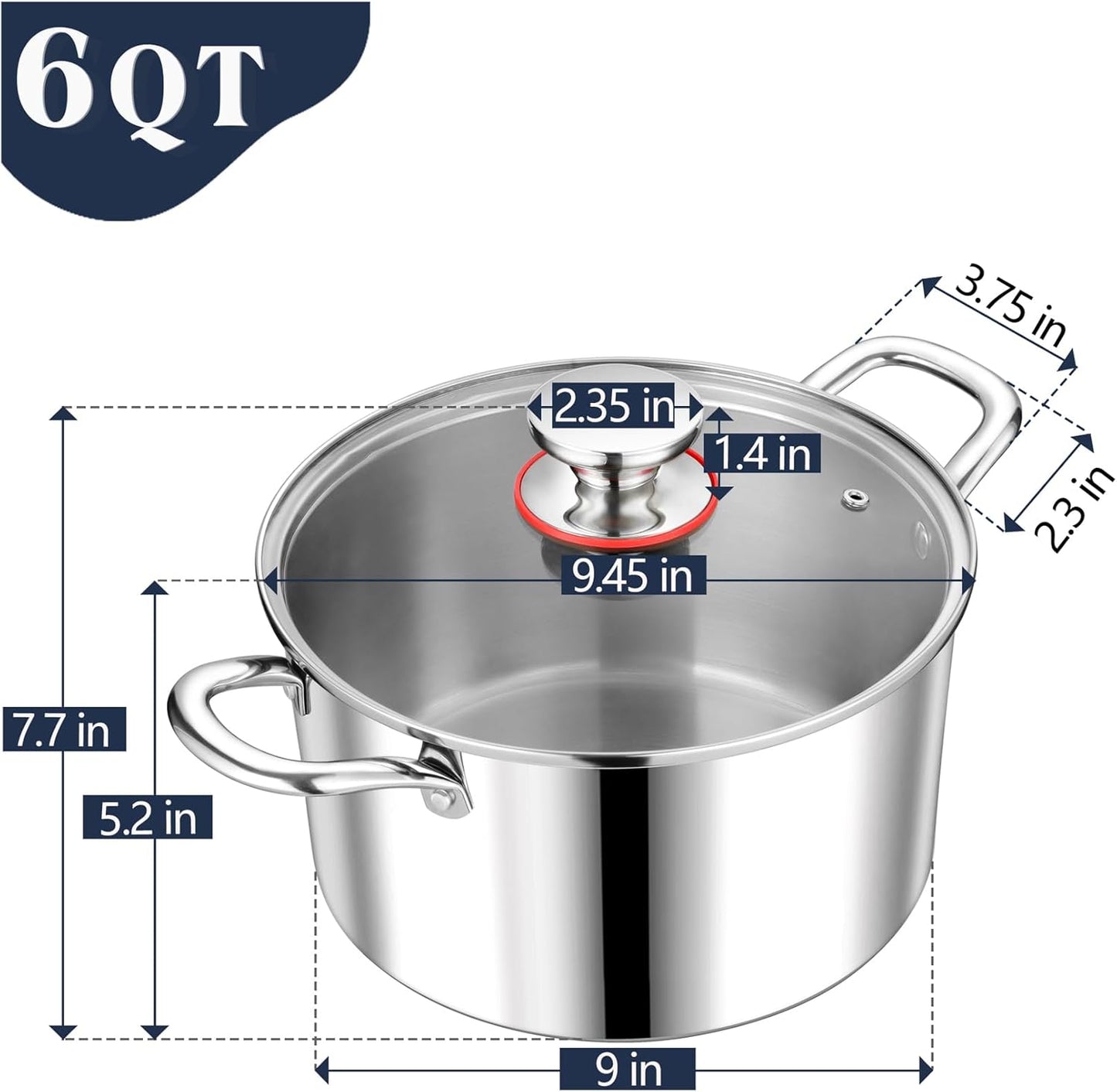 P&P CHEF 6 Quart Tri-Ply Stainless Steel Stock Pot, 6 Qt Stockpot Pasta Cooking Pot with Visible Lid for Soup Vegetable, Induction Cookware for All Stoves, Sturdy & Double Handle, Dishwasher Safe