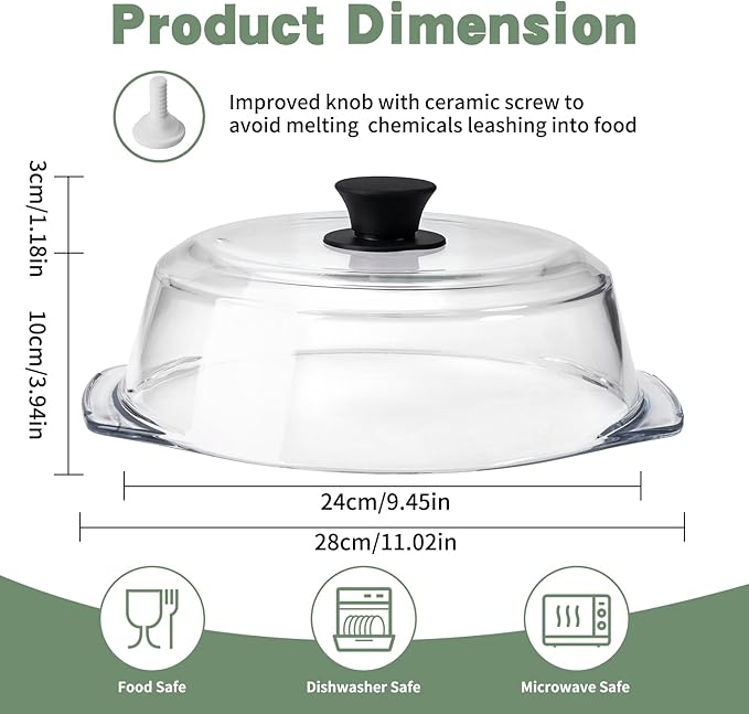 [Upgrade] FikaNook Glass Microwave Splatter Cover for Food with Silicone Handle & Ceramic Screw, 100% Food Grade, BPA Free, Dishwasher Safe