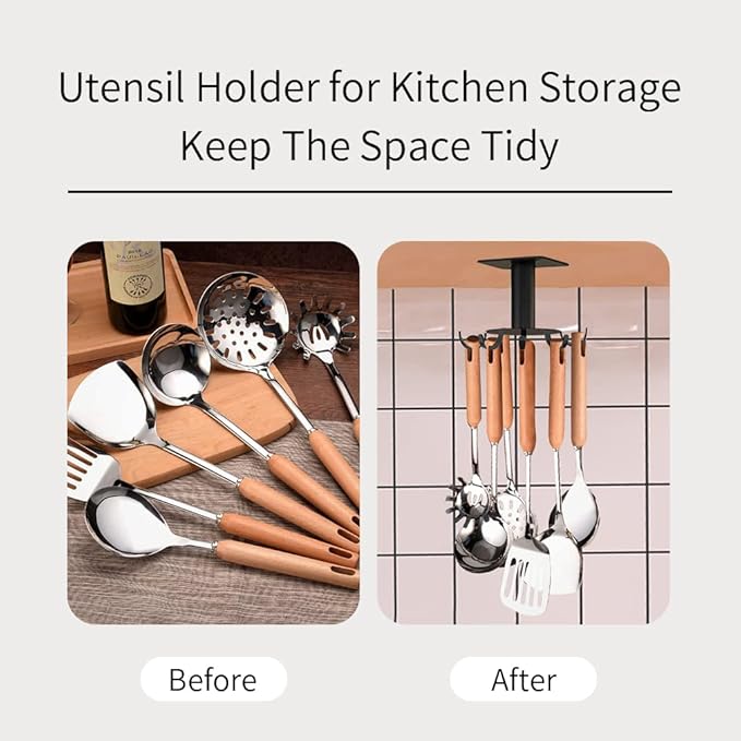 Aosome Under Cabinet Utensil Holder Hanger 360°Rotating Stainless Steel Kitchen Utensil Hanger 8 Hooks
