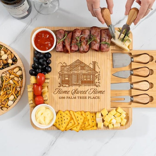 Personalized New Home Charcuterie Board, House Warming Cheese Board Gift Set - First Home Gifts, House Warming Gifts for Couple