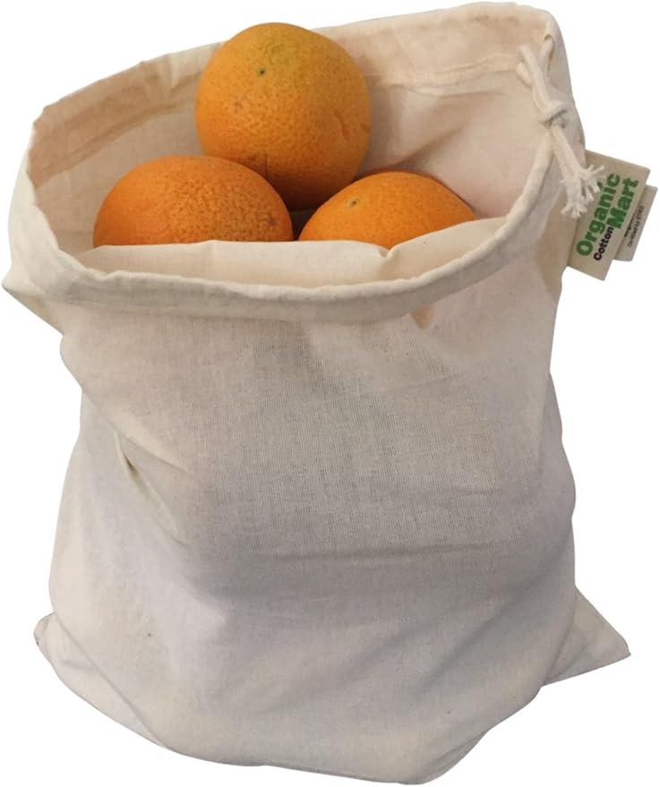 Reusable Grocery Bags for Produce - Small Size Muslin Bags for Brewing and Making Tea - Made of 100% Organic Cotton with Drawstring - Set of 3 (Small - 8"x10")