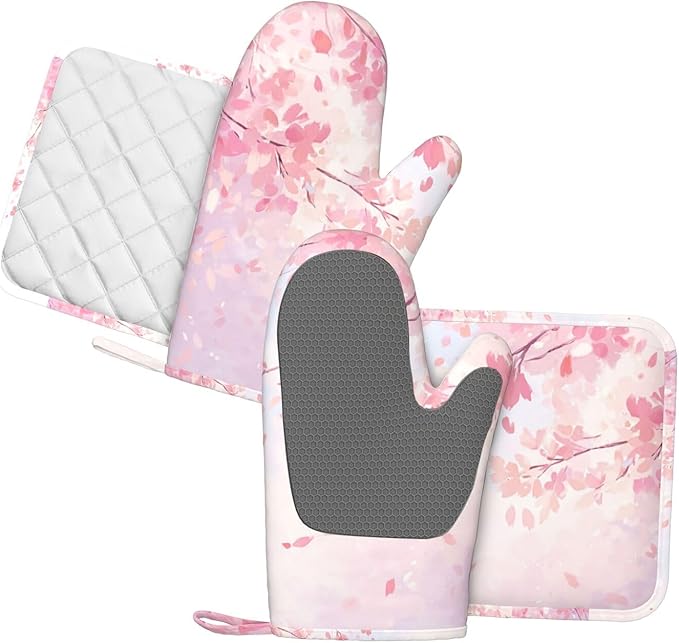 Oven Mitts and Pot Holders Cherry Blossom Flower Japanese Art Silicone Kitchen Accessories Set of 4 Heat Resistant Long Gloves Potholder Non-Slip Grip for Chef Cooking Baking Grilling BBQ