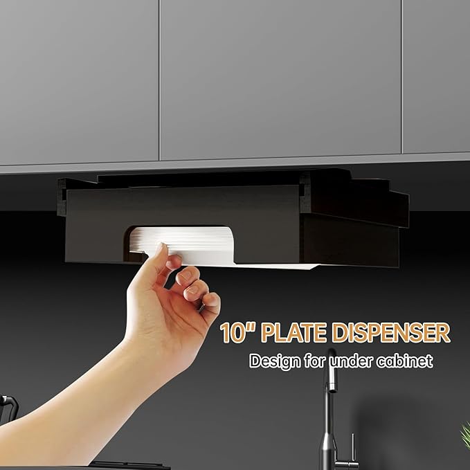 10-inch Paper Plate Dispenser - Bamboo Paper Plate Dispenser Under Cabinet, Kitchen Counter Vertical Holder Organizer Countertop Caddy Rack Black