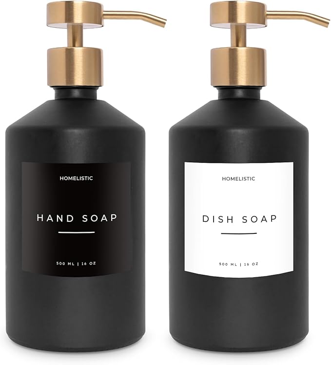 Homelistic Matte Black Glass Soap Dispenser Set with Champagne Gold Pump – 16oz Refillable Kitchen & Bathroom Soap Dispensers (2 Pack) Rust-Resistant Stainless Steel Pumps, 48 Labels