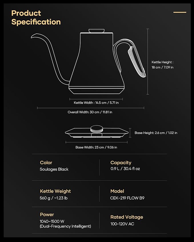 Cocinare Barista Collection Gooseneck Electric Kettle, ±1℉ Precise Temperature Control for Pour-Over Coffee & Tea, Quick Heating 1500W, Stainless Steel Interior, 0.9L (Soulages Black)