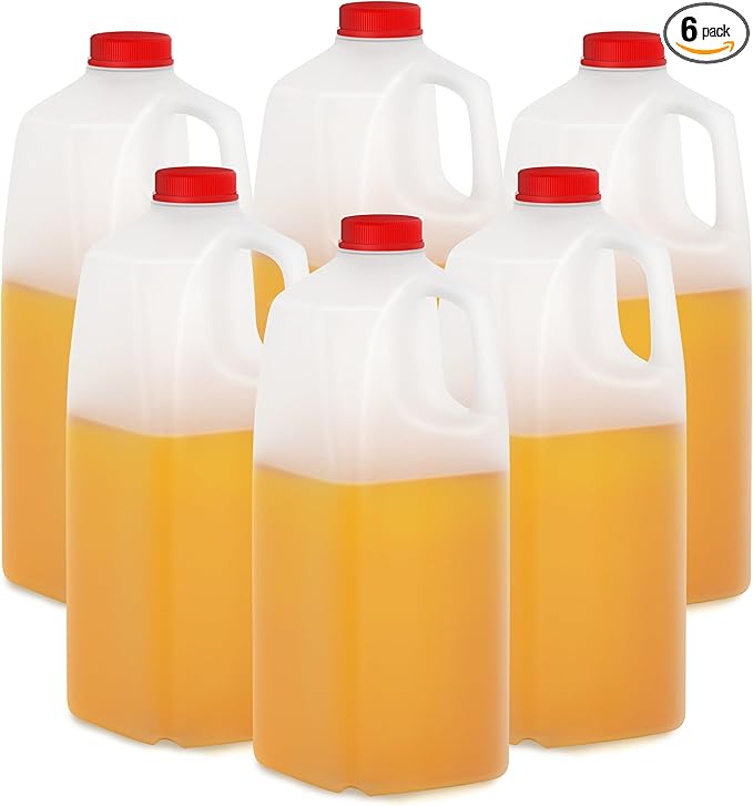 KitchenDine Plastic Milk Bottles, 64 Oz HDPE Material, Juice Bottles with Red Tamper-Evident Caps, Set of 6, Clear bottle with Red cover (6)