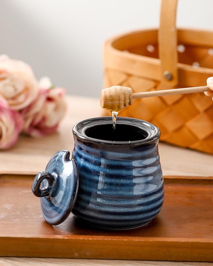 Ceramic Honey Pot with Lid and Honey Dipper, 12 oz Honey Jar and Wooden Dipper, Pottery Honey Container for Home, Cute Honey Dish, Dishwasher Safe, Blue