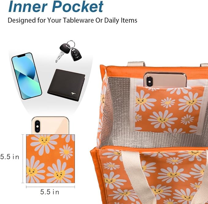 iknoe Insulated Lunch Bag for Women & Adults, 9L Foldable Wide-Open Cooler Bag with Pockets, Leakproof & Portable, for Picnic, Office, Beach(Daisy)