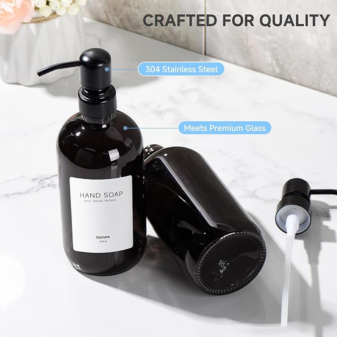 2 Pack Kitchen Soap Dispenser Set - 16oz Black Glass Dish and Hand Soap Dispenser with Stainless Steel Pump, Instant Dry Tray, Dish Brush & Holder, Refillable Countertop Sink Decor for Kitchen & Bath