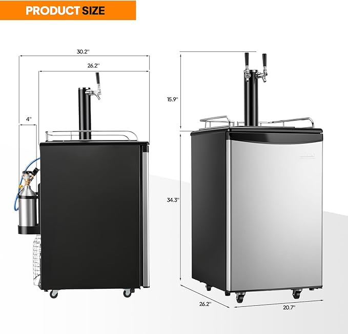 ROVSUN BF-152 Full Size 5.4 Cu.Ft, Beer Kegerator with CO2 Tank Included, Draft Beer Dispenser for Home Bar, 152L Beverage Refrigerator Direct Cool, Metal Cabinet, Dual Tap, Silver