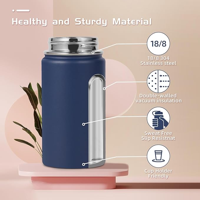 Volhoply 14oz Water Bottle with Straw Lid and Silicone Boot Bulk 6 Pack,Stainless Steel Insulated Cups for Boys & Girls Multipack,Double Wall Vacuum Leakproof KIds Bottles(Navy,6)