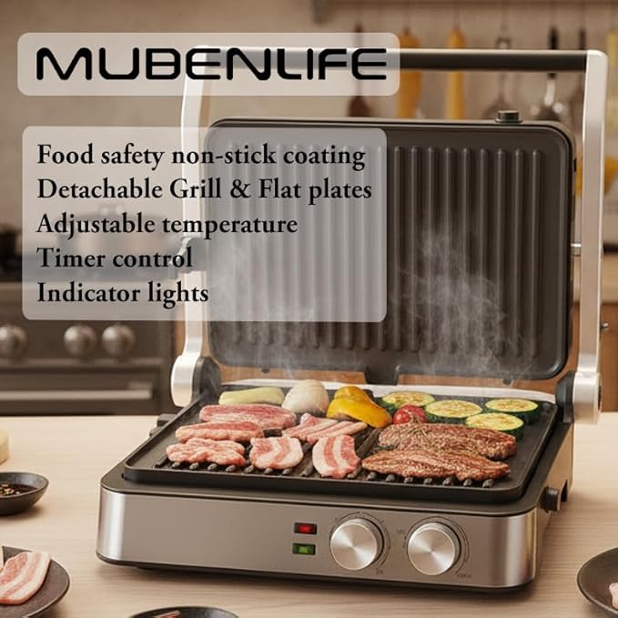 Panini Press,4 Slices Contact Grill with Removable Non-Stick Coated Grill and Flat Plates,Panini Makers with Temperature Control and Timer,Open 180 Degrees,Grill and Griddle (Silver wtih Full SUS)