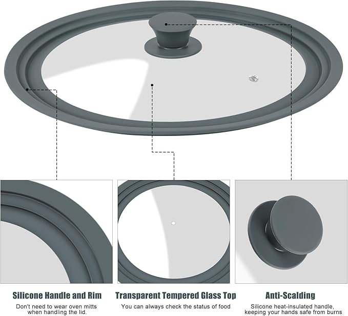 Universal Lid for Pots, Pans, and Skillets - 2 Pack Silicone Replacement Pan Lid Fits 7", 8" 9" & 10", 11", 12" Cookware - Tempered Glass Pot Lid Cover for Frying Pans, Cast Iron, CrockPot