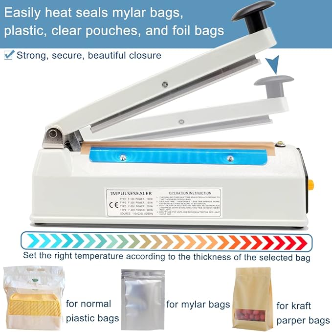 Impulse Heat Sealer 8 inch Mylar Bag Sealer, Heat Sealer for Plastic Bags, Metal Iron Shell, Impulse Sealer 3mm Sealing, Manual Hot Seal Machine with 8 Repair Kits(Included 2 Cutter Lines)