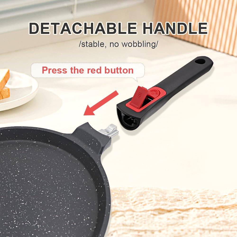Non Stick Crepe Pan with Detachable Handle, 8 Inch Cast Aluminium Dosa Tawa Tortilla Pan, Pancake Pan Induction Compatible - Black