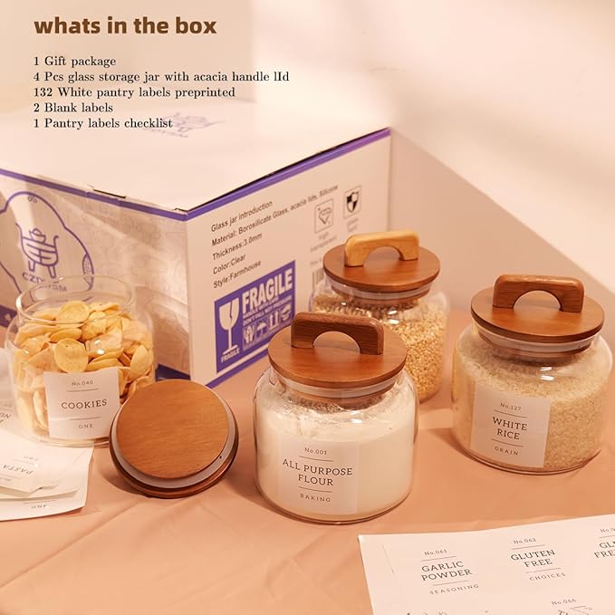 4 Pack Glass Pantry Storage Containers with 132 Pantry Labels - 37 FL OZ Kitchen Glass Canisters with Bamboo Airtight Lids - Farmhouse Glass Pantry Jars for Cookie, Rice, Pasta, Cereal, Bath Salt