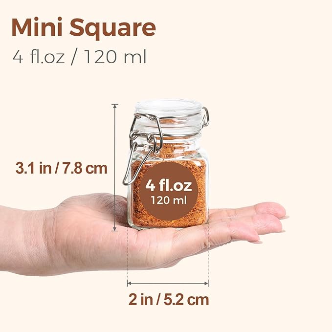 ComSaf Set of 6 Square Glass Spice Jars with Airtight Lids (4 Oz), Mini Favor Jars with Wire Clamp for Honey, Herbs & Farmhouse Kitchen Pantry Organization, with Funnel & Labels