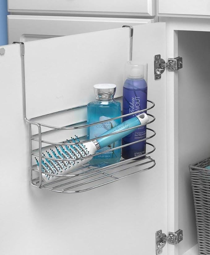 Spectrum Duo Over Cabinet Towel Holder and Cabinet Basket Medium for Kitchen Towel Under Sink Storage, Durable Steel Over the Cabinet Door Towel Bar Organizer with No Drill Installation, Chrome