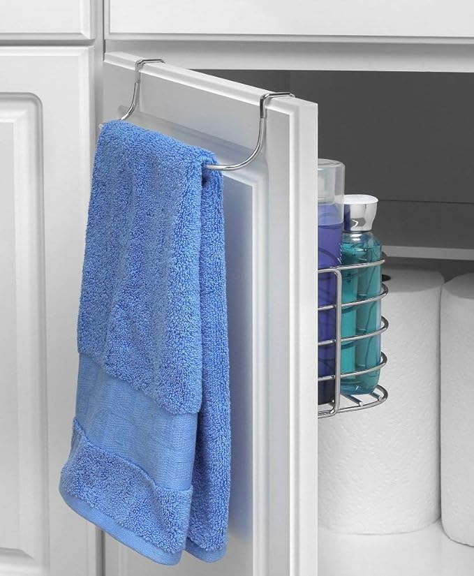 Spectrum Duo Over Cabinet Towel Holder and Cabinet Basket Medium for Kitchen Towel Under Sink Storage, Durable Steel Over the Cabinet Door Towel Bar Organizer with No Drill Installation, Chrome