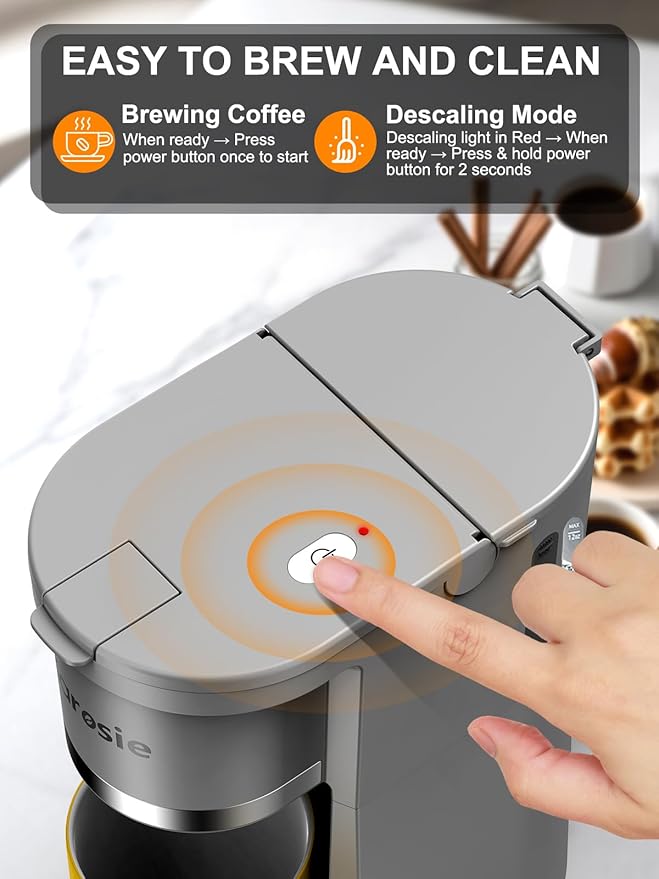 Small Single Serve Coffee Maker, Fast Brew for K-Cup & Ground Coffee, 6-12 Oz Brew Sizes, One-Button Single Cup Coffee Maker, Coffee Machine with Descaling Reminder,Grey, 9.45 Inches