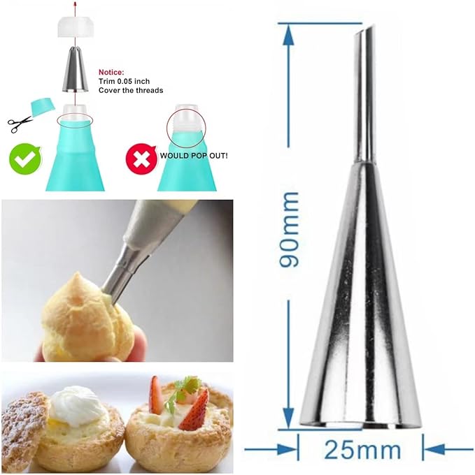 Cream Horn Molds, 16 Pack 5 Inch Pastry Roll Molds with Piping Bags Reusable, Cleaning Brush, Long Cream Icing Piping Nozzle Baking Accessories Tool for Mum and Baker