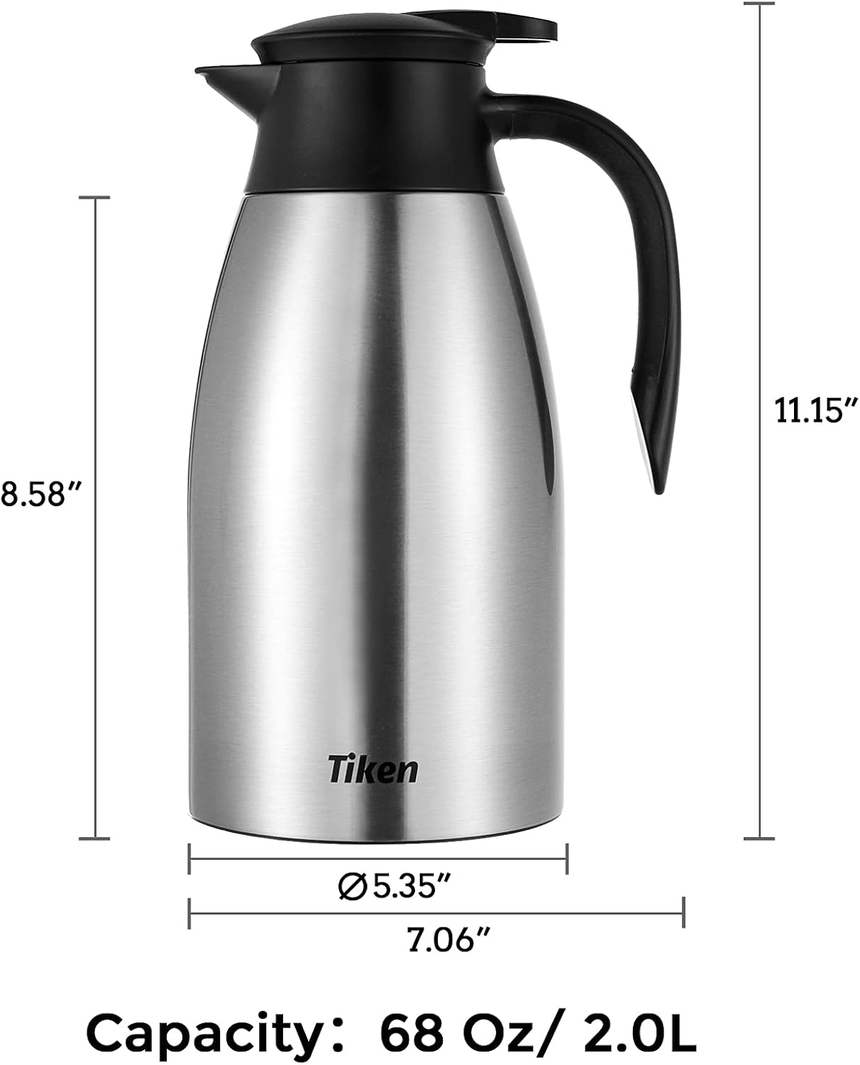 Tiken 68 Oz Thermal Coffee Carafe, Stainless Steel Insulated Vacuum Coffee Carafes For Keeping Hot, 2 Liter Beverage Dispenser (Silver)