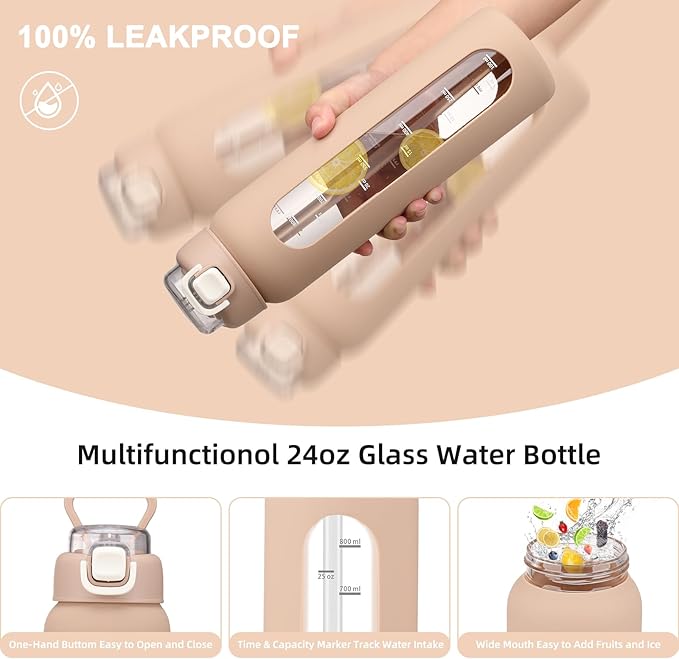 chunmo 24 oz Glass Water Bottles with 2 Lids-Handle Spout Lid & Straw Lid, Motivational Water Bottle with Time Marker and Silicone Sleeve,Leakproof-Amber-1 Pack