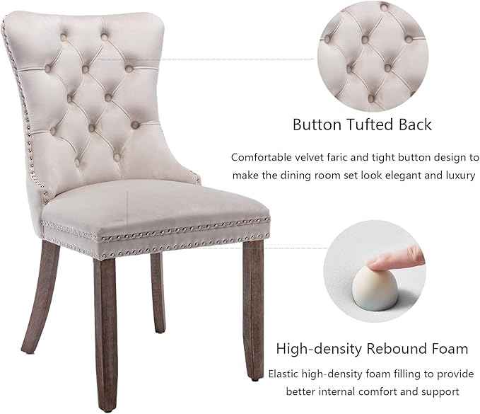 Beige Velvet Dining Chairs Set of 2, Upholstered Dining Room Chairs with Back Ring Pull Trim and Solid Wood Legs, Tufted Wingback Kitchen Chairs for Dining Room,Living Room,Kitchen(Beige)