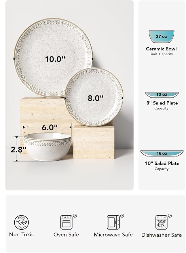 LE TAUCI Plates and Bowls Sets for 4, 12 Piece Ceramic Dinnerware Sets, Kitchen Stoneware Dish Set, Chip Resistant, Microwave & Dishwasher Safe, Reactive Glaze Beige (8"&10" Plate, 27oz Bowl)