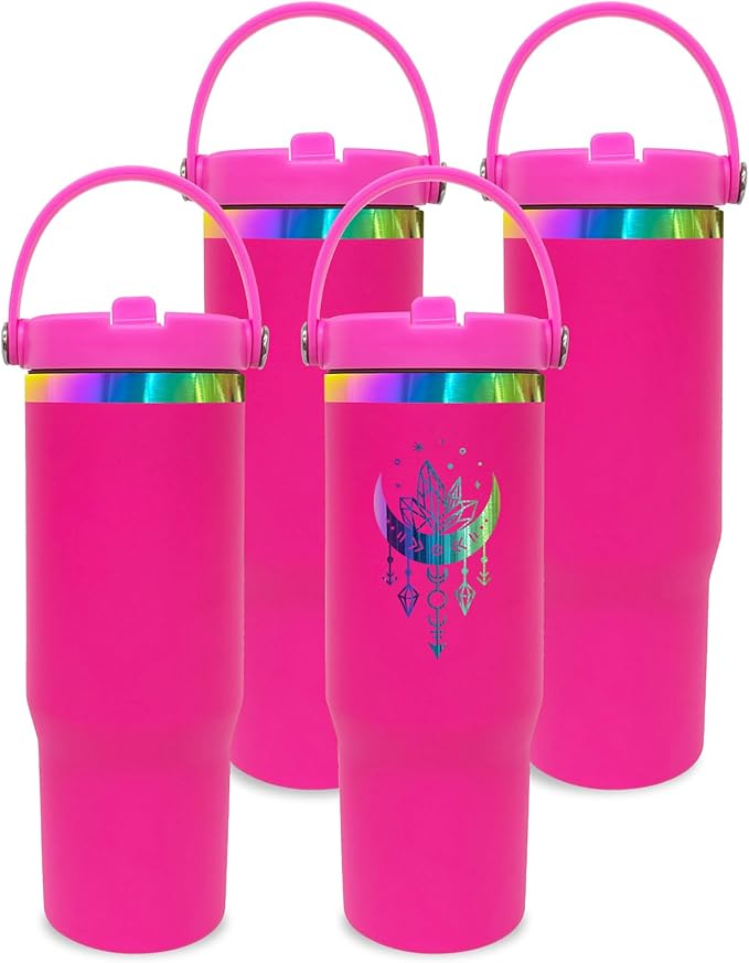 30 oz Tumbler Bulk with Handle and Straw, Vacuum Insulated Tumblers with Flip Straw and Top Handle, Leakproof Powder Coated Tumbler, Stainless Steel Travel Mug for Coffee Water (Rosy, 4 Pack)