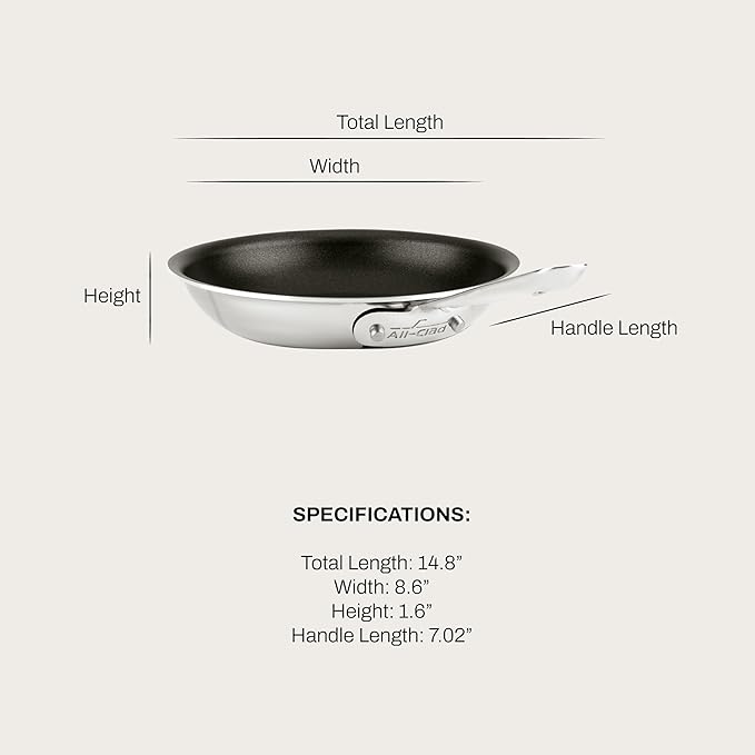 All-Clad D3 8 Inch Stainless Steel Pro Non Stick Frying pan, 3-Ply Stainless Steel Pan, Induction, Oven Broiler Safe 500F Skillet, Professional Cookware, Silver